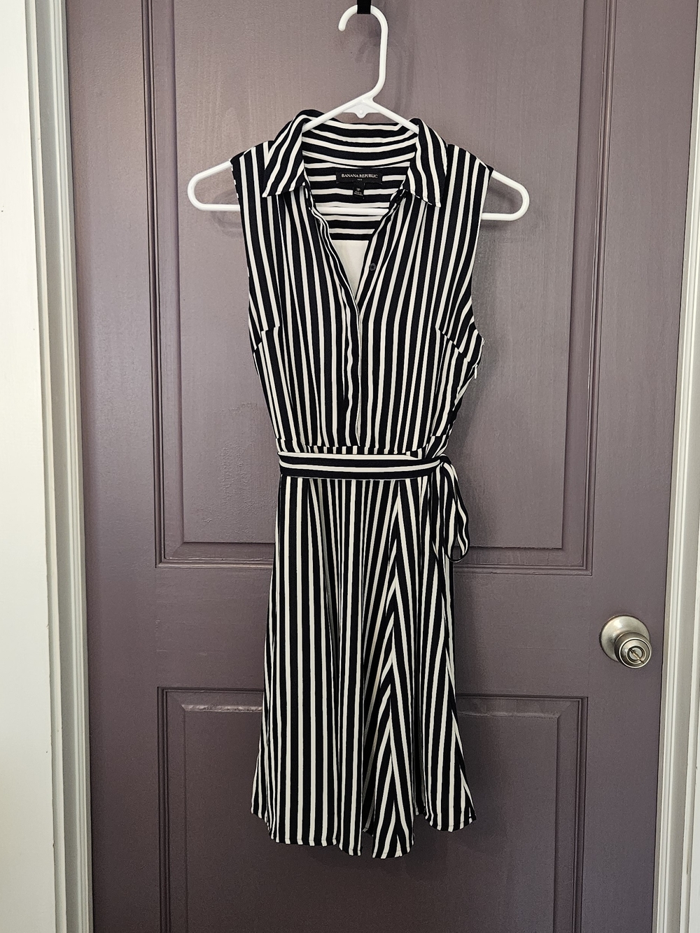 Banana Republic Black and White Vertical Stripe Midi Shirt Dress A LINE.